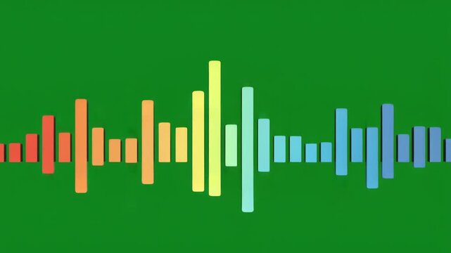 Vibrant digital audio equalizer waveform animation, colorful sound wave motion graphic on green background, symbolizing music, technology, and communication