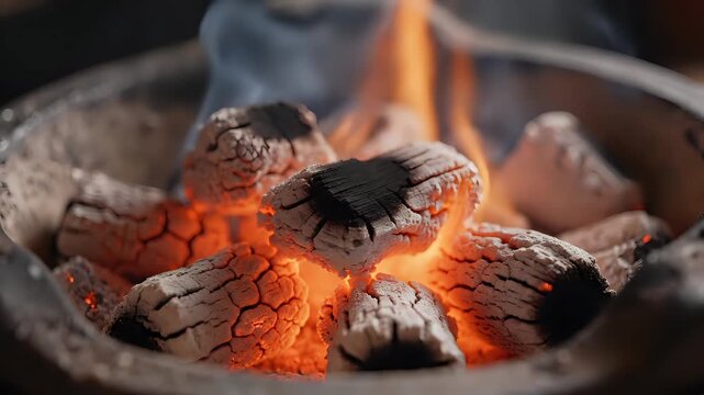 Closeup of glowing hot charcoal embers burning brightly in a traditional clay stove.