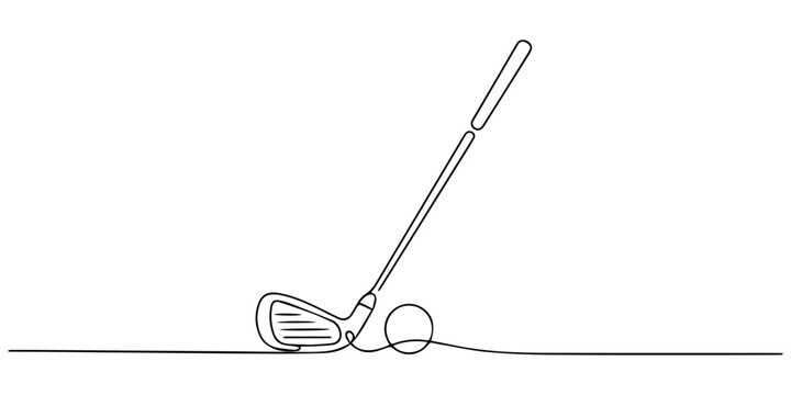 Golf club head drawn with single continuous line on white background, none editable strokes, A golf club in one continuous line hitting a golf ball on the ground drawing, Golf stick line continuous.