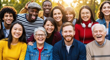 Obraz premium Diverse group of smiling friends and family members posing together outdoors.