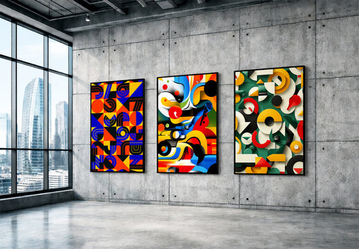 Three Vertical Poster Mockups on Industrial Concrete Wall
