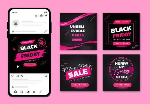 Black Friday Sale Social Media Post Template Bundle with Pink and Black Modern Design