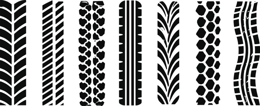 Collection of various black tire tread patterns silhouette, showing different types of textures and designs , banner vector illustration.