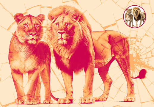 Broken Glass Photo Effect Design Template with Lion