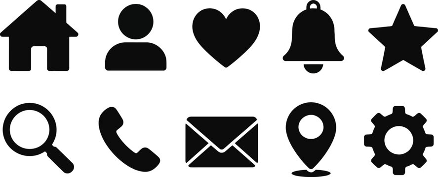 Social media UI icon set. Includes home, navigation, heart, search, star,  user, profile symbols in solid and outline styles. social media notification icons like, comment, share icon symbol