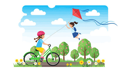 Fototapeta premium Children flying kite and riding bicycle in park on sunny day, summer vacation fun