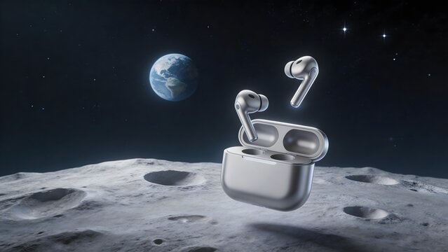 Wireless earbuds on moon surface