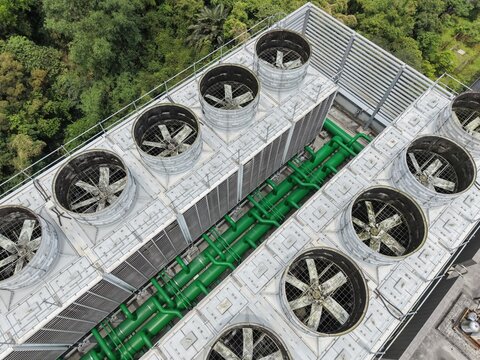 Top down view of data center cooling infrastructure.