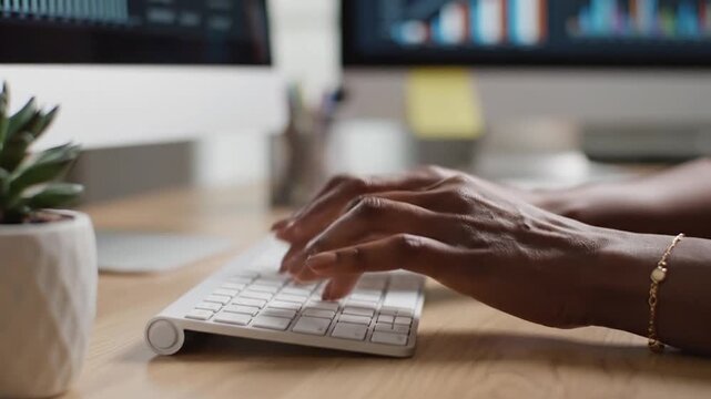 Close-up of a person hands typing on a white keyboard with a computer monitor in the background, working at a desk