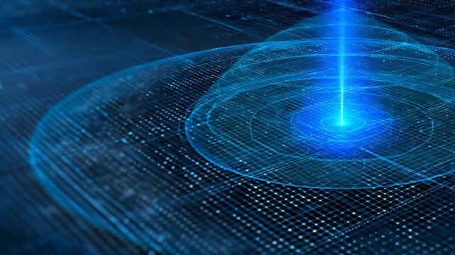 Low angle holographic beacon emitting a concentrated blue beam over a dotted digital grid high tech scanning surface