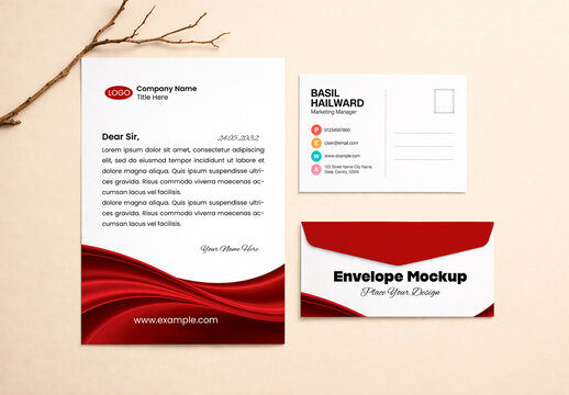 Corporate Stationery Branding Mockup Set with Red Wave Design Letterhead Envelope and Business Card