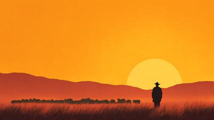 Fototapeta premium Wide rural landscape with a shepherd observing livestock from afar, capturing calm pastoral life and open space