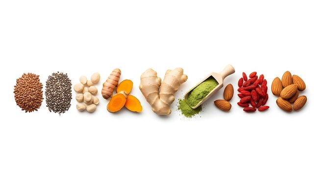 Superfoods collection including flax seeds, chia seeds, macadamia nuts, turmeric root, ginger root, matcha green tea powder, goji berries and almonds isolated on white background