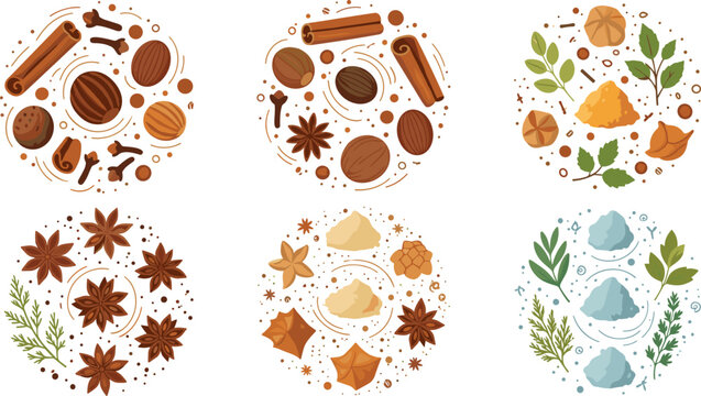 Circular spice and herb arrangements featuring cinnamon sticks star anise nutmeg and various aromatic powders for organic cooking culinary art and seasoning vector illustration.