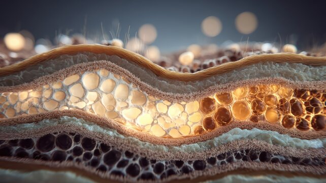 8K Ultra HD Microscopic view of human skin layers and subcutaneous fat tissue, 3d render illustration of biological structure image