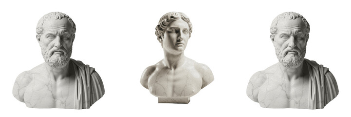 Obraz premium : Ancient Greek Roman Sculpture Bust PNG - Classic Marble Statue Head Art Piece Isolated on Transparent Background for History and Museum Design