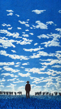 Wide rural landscape with a shepherd observing livestock from afar, capturing calm pastoral life and open space