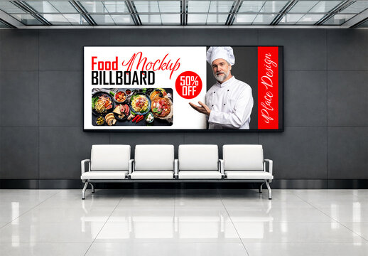 Food Billboard Mockup in Modern Waiting Area Interior