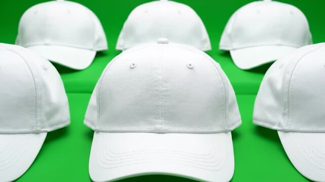 A collection of blank, white headwear arranged in a grid pattern against a vibrant, solid green background, ready for customization