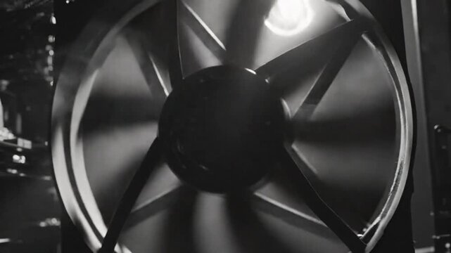 Close-up of a computer case fan spinning with blades creating motion blur in black and white
