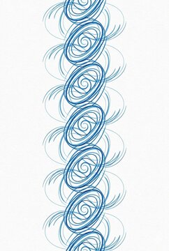 Abstract vertical pattern of blue spiral lines and circular swirls on a white background. Minimalist geometric design element for creative projects.