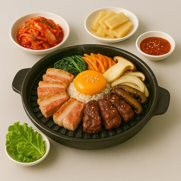 Authentic Korean BBQ set featuring grilled pork belly, beef, egg yolk over rice, and mushrooms on a sizzling pan with kimchi and side dishes. Top view.