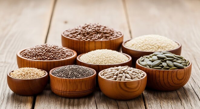 Natural oil seeds arranged in wooden bowls on a rustic table