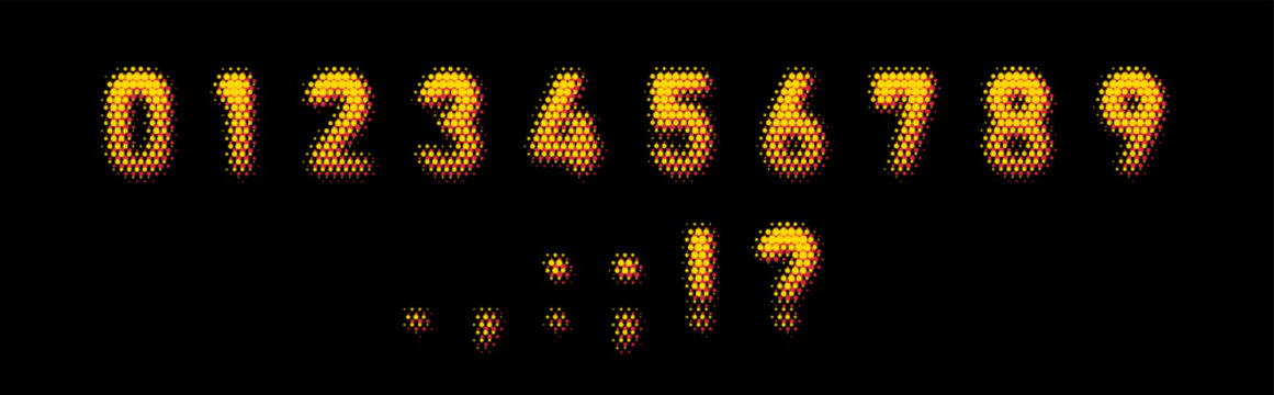 A set of yellow-orange numbers from 0 to 9 and punctuation marks, in a halftone style.