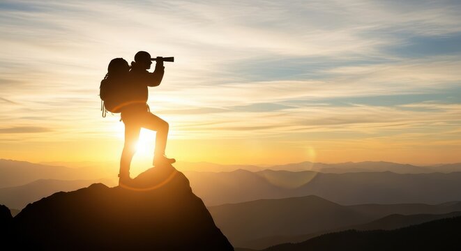 Backpacker stands on a mountain peak looking through a telescope at sunset.