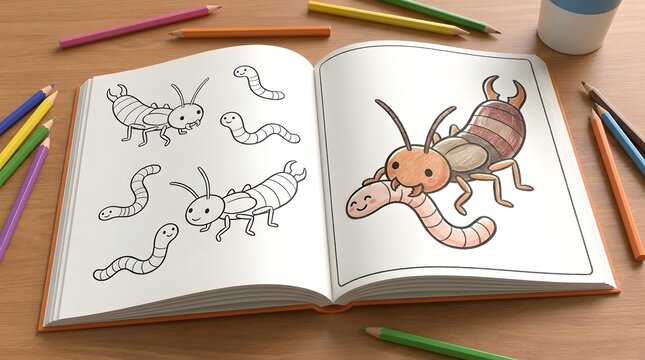 Coloring book pages with cute cartoon insects and worms colored pencils scattered on wooden table