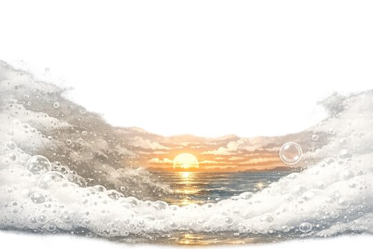 An artistic composite showing a dramatic seascape with a vibrant orange sunset over the water, framed by large, dynamic white waves and bubbly sea foam on both sides. Isolated composition.