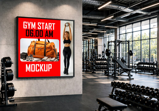 Gym poster mockup template in modern fitness center interior