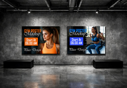 Gym poster mockup templates on industrial wall interior