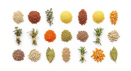 Fototapeta premium Assortment of various legumes, grains, seeds, and fresh herbs isolated on white background