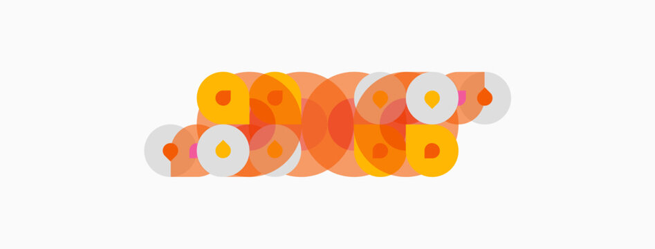 Abstract design features overlapping orange circles. Warm tones dominate composition, creating dynamic visual effect. Simple, modern aesthetic.