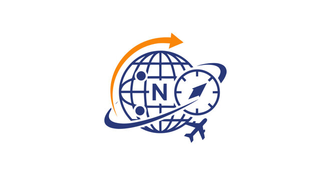 Modern Globe and Compass Logo Depicting Global Travel and Navigation.