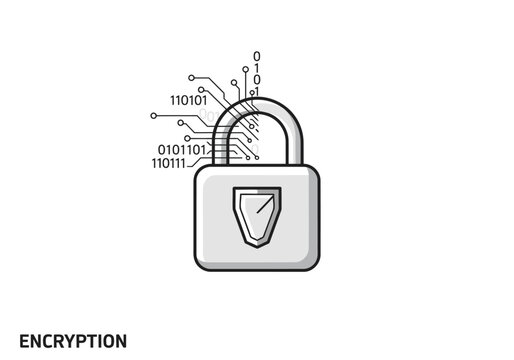 Padlock with circuit board and binary code for cybersecurity and data protection, flat vector icon