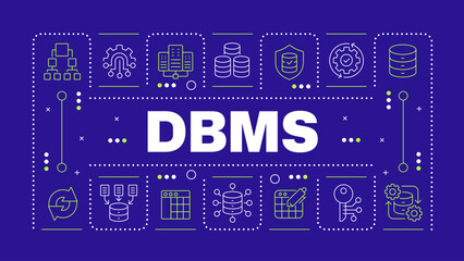 Fototapeta premium DBMS blue word concept. Network engineering, information storage. Data optimization. Horizontal vector image. Headline text surrounded by editable outline icons. Hubot Sans font used