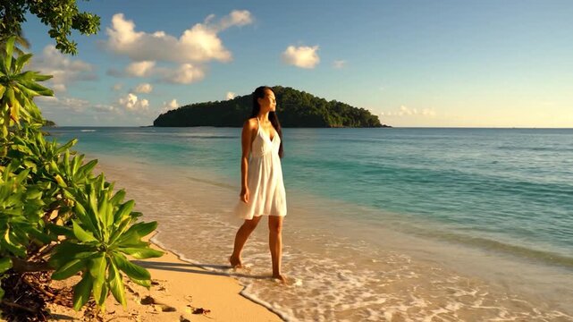 A woman in a white dress walks along a sandy beach near the ocean with  green plants and a small island in the background