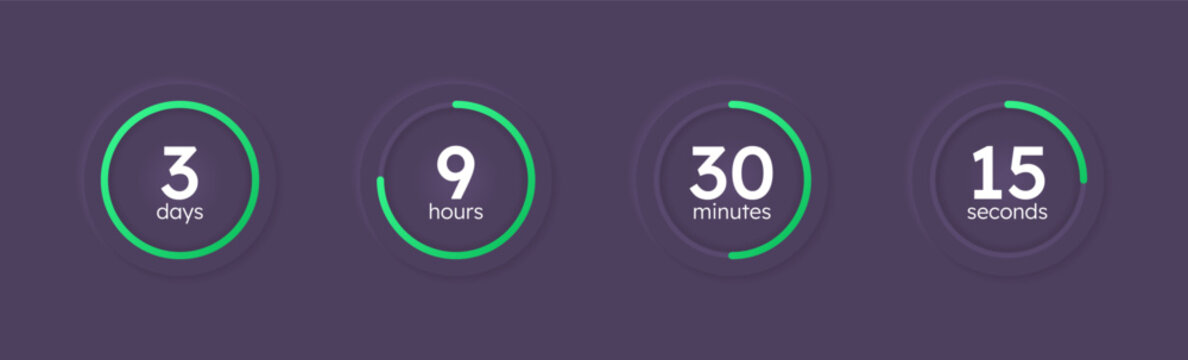 Green line neumorphism countdown timer set on dark background. Sales start. Circle progress bars isolated. Days, hours, minutes, seconds stopwatch. Remaining time. Modern UI graphic collection