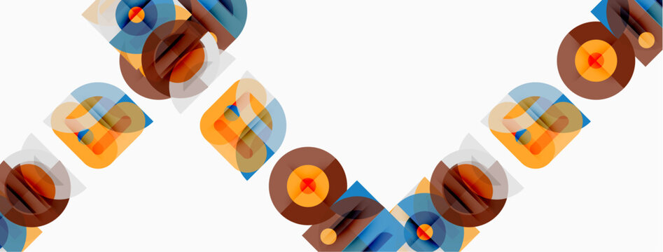 Abstract geometric shapes repeat diagonally. Circles, squares, rectangles overlap creating colorful patterns. Minimalist design, modern aesthetic.