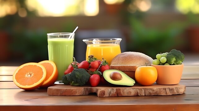 Healthy breakfast with fresh fruits and juices on rustic wooden table