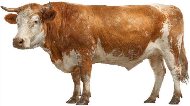Brown and white cow standing isolated on white background