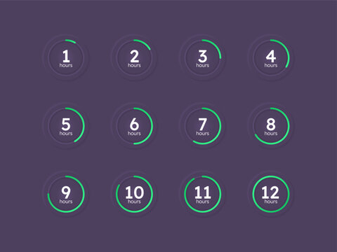 Green line neumorphism countdown timer set on dark background. Deadline checking. Green line cycles. Circle progress bars isolated. Hours stopwatch. Remaining time. Modern UI graphic collection