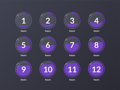 Liquid effect translucent countdown timer set on dark background. Purple fluid pouring displays. Circle progress bars isolated. Hours stopwatch. Remaining time. Modern UI graphic collection