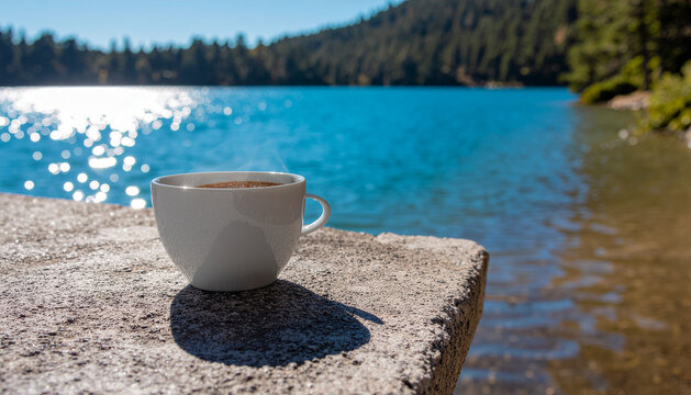 White ceramic coffee cup sitting on a stone ledge by a vibrant blue mountain lake