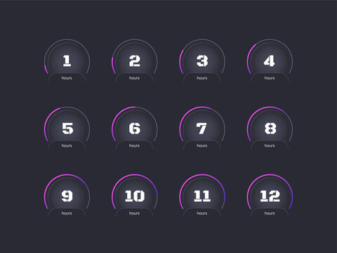 Business deadline countdown timer set on dark background. Speedometer style. Period control. Circle progress bars isolated. Hours stopwatch. Remaining time. Modern UI graphic collection
