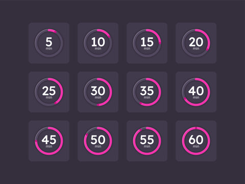Magenta pink countdown timer set on dark background. Digital dashboard element. Dynamic tracker. Circle progress bars isolated. Minutes stopwatch. Remaining time. Modern UI graphic collection
