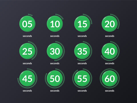 Green virtual countdown timer set on dark background. Radial dots and solid color buttons. Circle progress bars isolated. Seconds stopwatch. Remaining time. Modern UI graphic collection