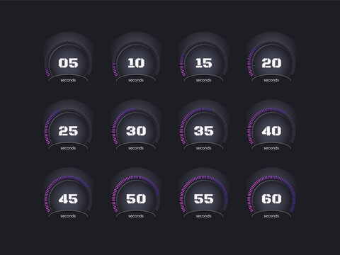 Purple gradient radial dots countdown timer set on dark background. Digital technology. Dashboard. Circle progress bars isolated. Seconds stopwatch. Remaining time. Modern UI graphic collection